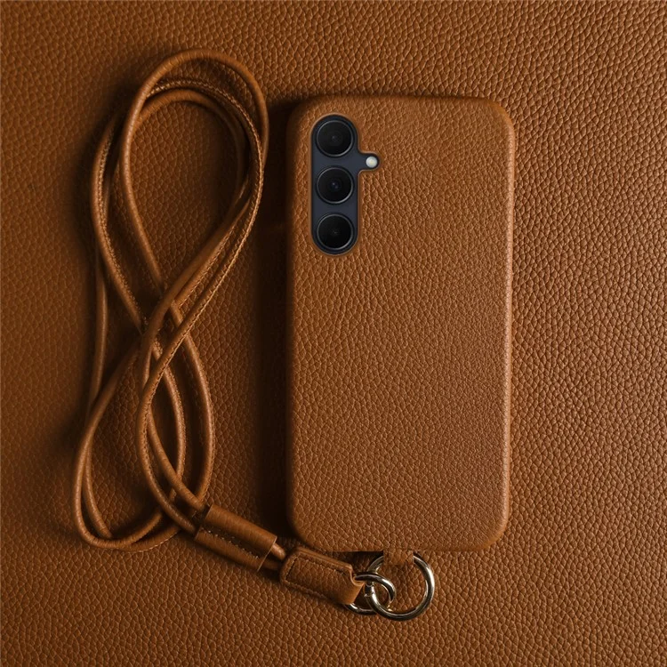 Étui pour Samsung Galaxy A35 5G avec cordon de sécurité, véritable cuir de vache, coque arrière en PC - Marron