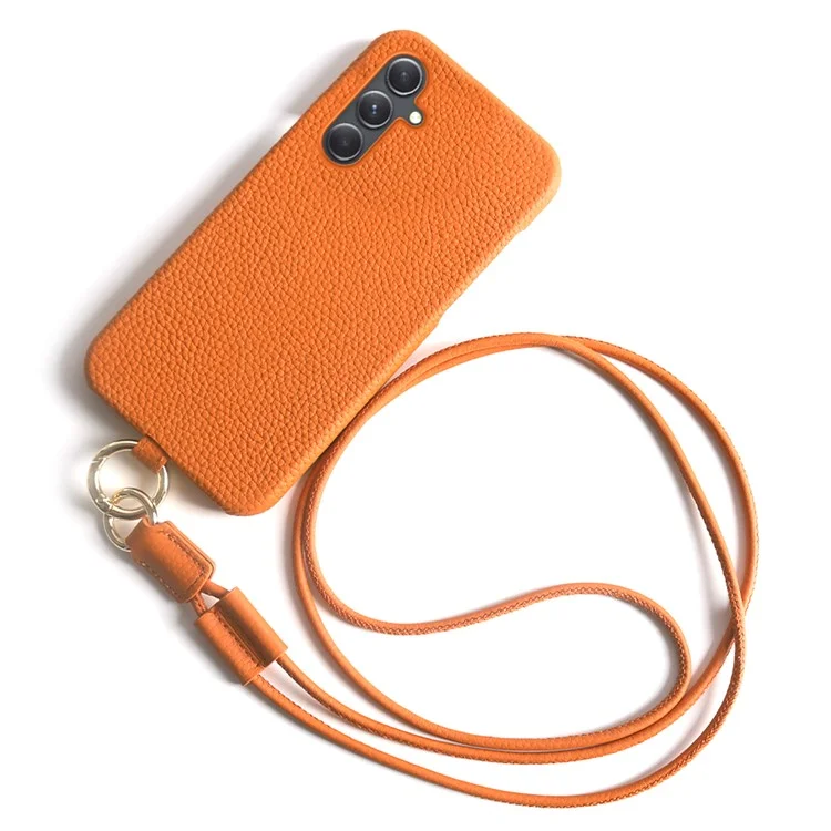 Coque pour Samsung Galaxy A54 5G avec cordon, véritable cuir de vache, couvercle de téléphone en PC - Orange