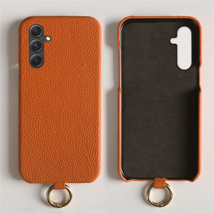 Coque pour Samsung Galaxy A54 5G avec cordon, véritable cuir de vache, couvercle de téléphone en PC - Orange