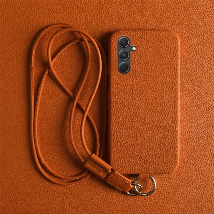 Coque pour Samsung Galaxy A54 5G avec cordon, véritable cuir de vache, couvercle de téléphone en PC - Orange