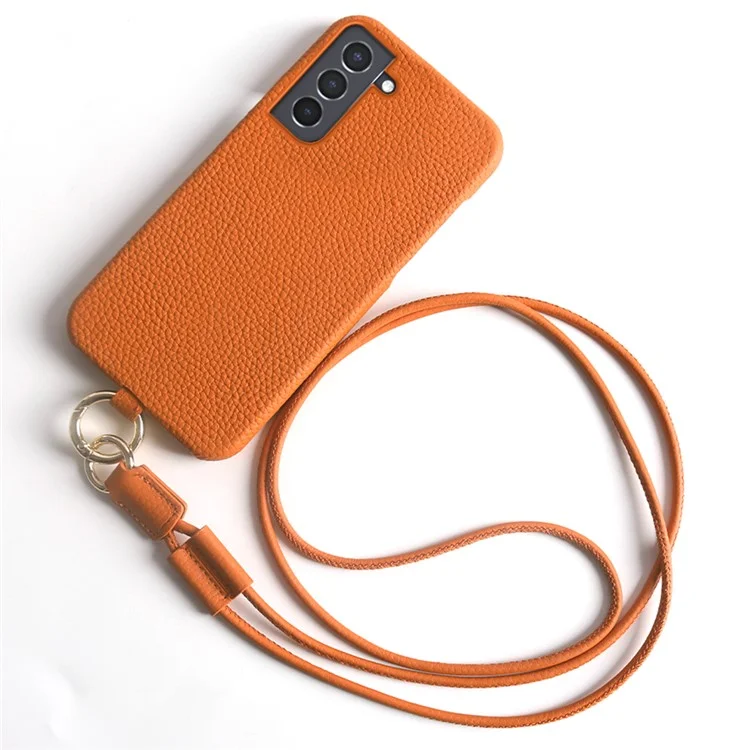 Coque pour Samsung Galaxy S21 4G / 5G avec dragonne en véritable cuir de vache et coque de protection arrière en PC - Orange