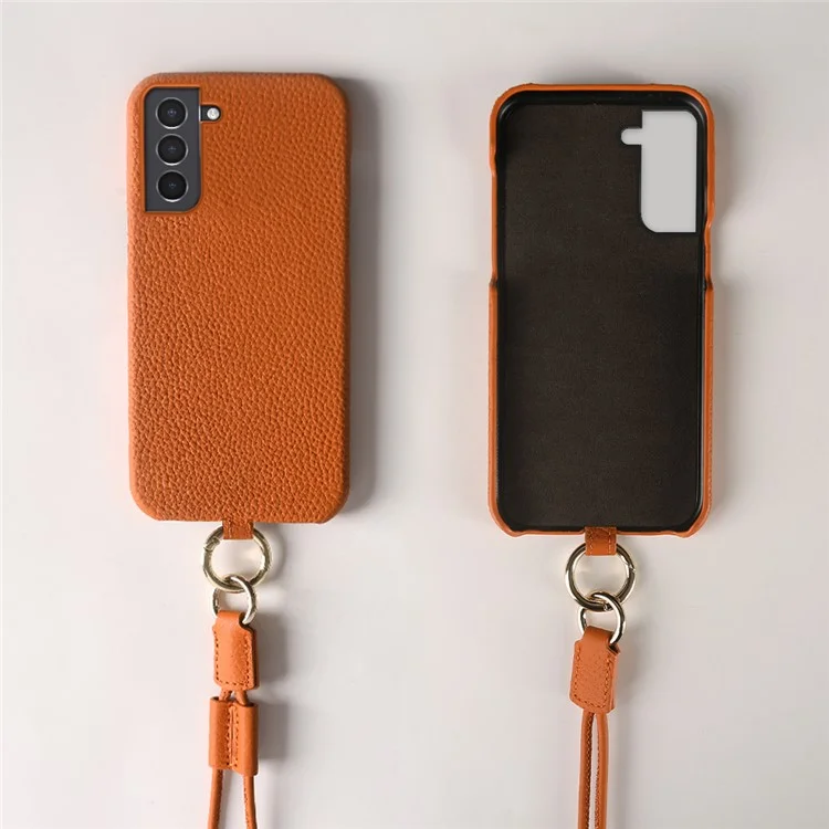 Coque pour Samsung Galaxy S21 4G / 5G avec dragonne en véritable cuir de vache et coque de protection arrière en PC - Orange
