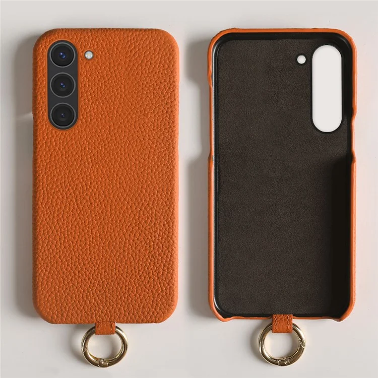 Coque pour Samsung Galaxy S23 avec dragonne en cuir de vache véritable et dos en PC - Orange