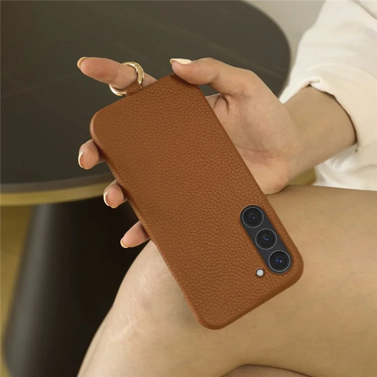 Coque pour Samsung Galaxy S23 avec dragonne en cuir de vache véritable et dos en PC - Orange