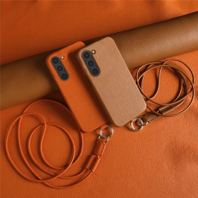 Coque pour Samsung Galaxy S23 avec dragonne en cuir de vache véritable et dos en PC - Orange