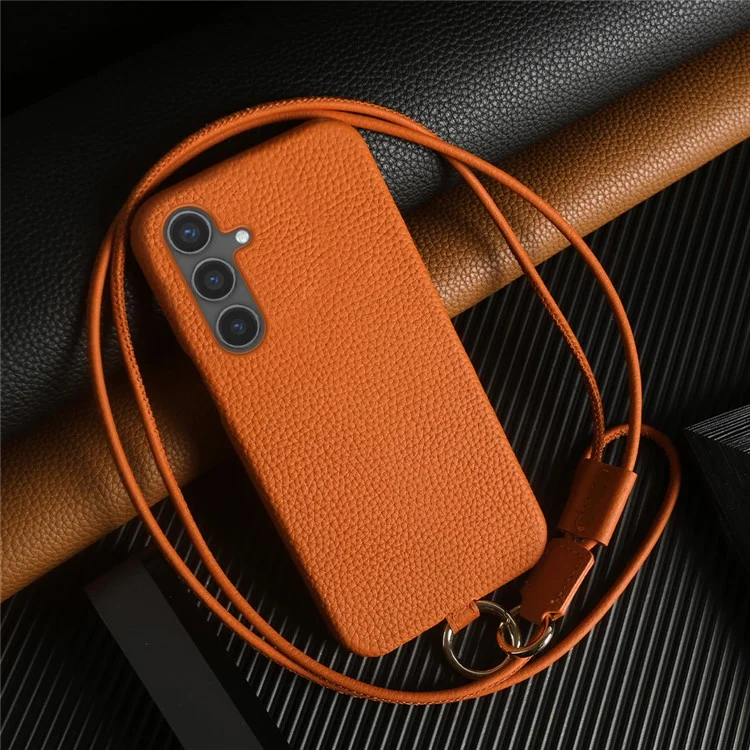 Custodia per Samsung Galaxy S24 con cordino in vera pelle bovina e cover posteriore in PC - Arancione