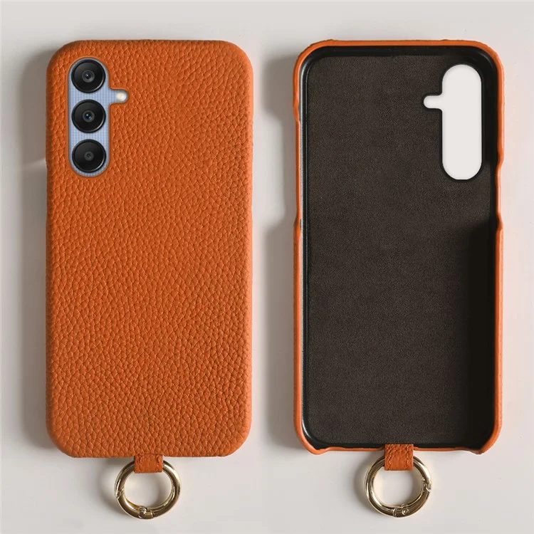 Coque pour Samsung Galaxy S23 FE avec dragonne, en véritable cuir de vache et plastique, coloris orange.