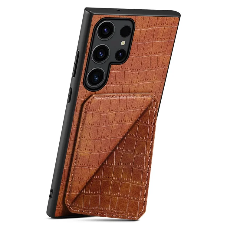 Чехол для Samsung Galaxy S25 Ultra с держателем для карт, кожа + ПК + ТПУ, текстурированная крокодиловая задняя крышка - коричневый