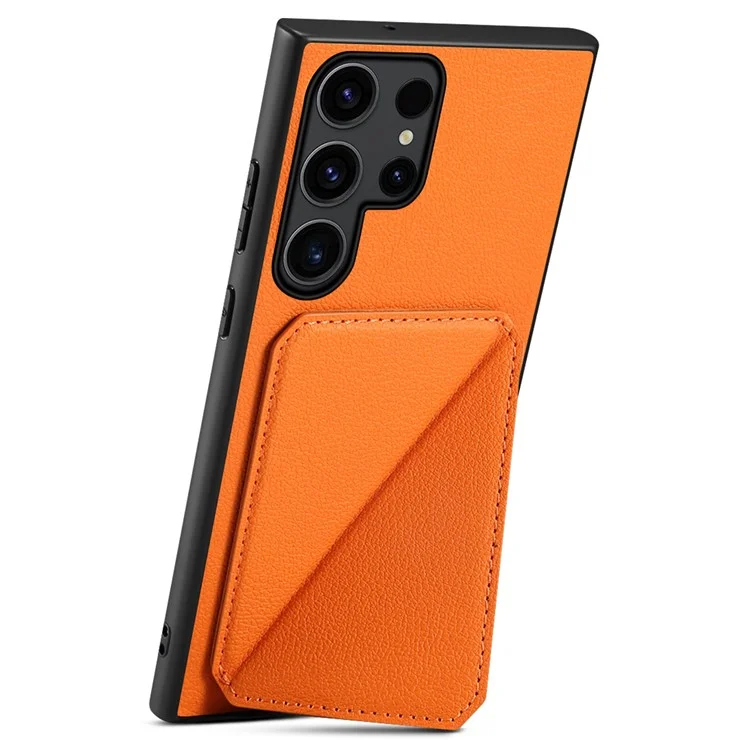 Étui pour Samsung Galaxy S25 Ultra avec porte-carte, support et texture de cuir de veau + PC + TPU - Orange