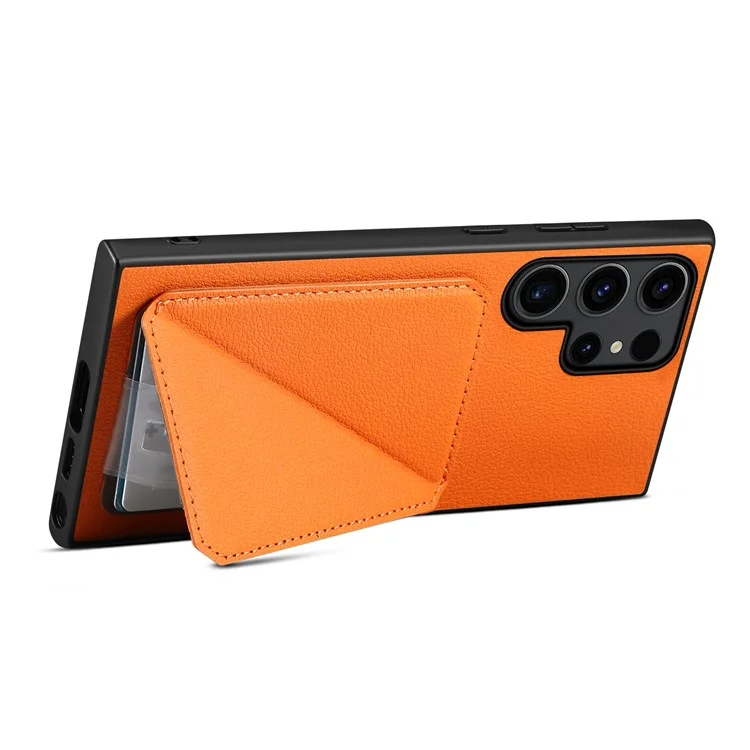 Étui pour Samsung Galaxy S25 Ultra avec porte-carte, support et texture de cuir de veau + PC + TPU - Orange