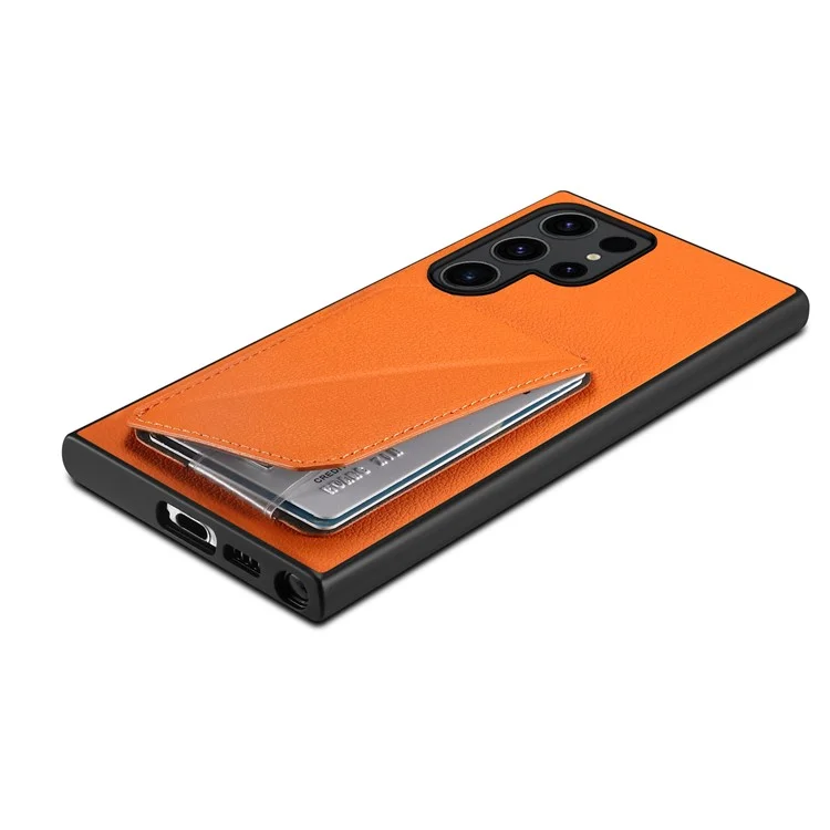 Étui pour Samsung Galaxy S25 Ultra avec porte-carte, support et texture de cuir de veau + PC + TPU - Orange