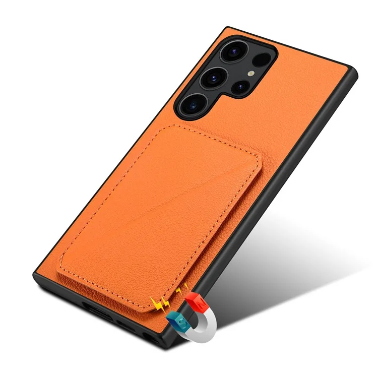 Étui pour Samsung Galaxy S25 Ultra avec porte-carte, support et texture de cuir de veau + PC + TPU - Orange