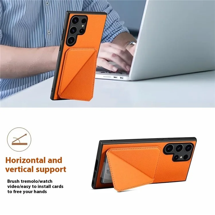Étui pour Samsung Galaxy S25 Ultra avec porte-carte, support et texture de cuir de veau + PC + TPU - Orange