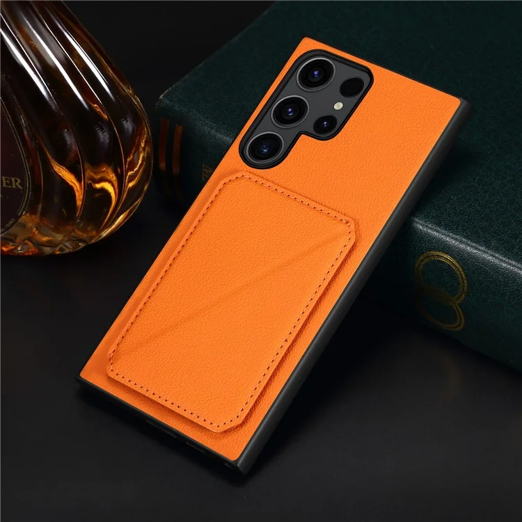 Étui pour Samsung Galaxy S25 Ultra avec porte-carte, support et texture de cuir de veau + PC + TPU - Orange