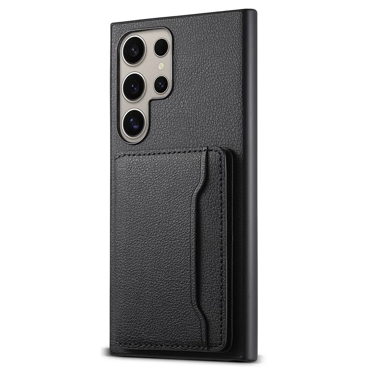 Чехол для Samsung Galaxy S25 Ultra с слотами для карт, подставкой и кожаной текстурой теленка - черный