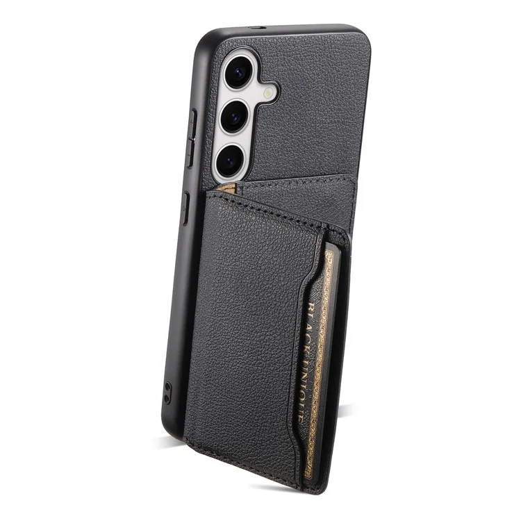 Cover per Samsung Galaxy S25+ con slot per schede, supporto e texture in pelle di vitello - Nero