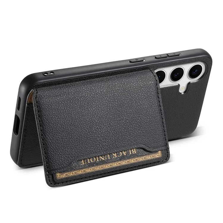 Cover per Samsung Galaxy S25+ con slot per schede, supporto e texture in pelle di vitello - Nero