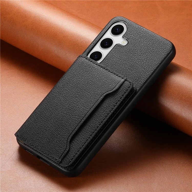 Cover per Samsung Galaxy S25+ con slot per schede, supporto e texture in pelle di vitello - Nero