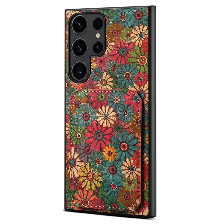 Capa para Samsung Galaxy S25 Ultra com suporte para cartão, design de flores e cobertura de telefone de couro - Primavera / Verde