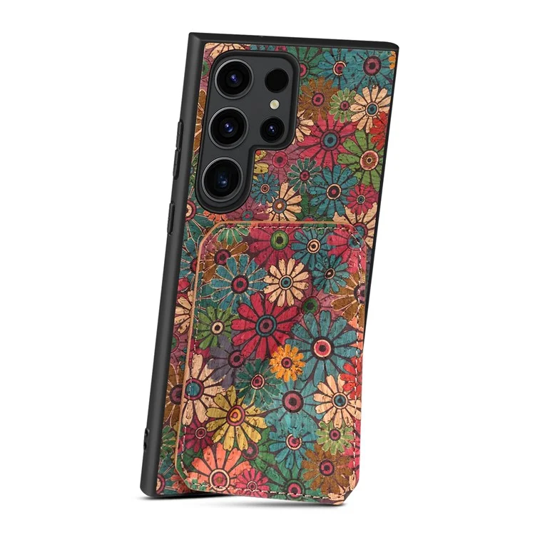 Capa para Samsung Galaxy S25 Ultra com suporte para cartão, design de flores e cobertura de telefone de couro - Primavera / Verde