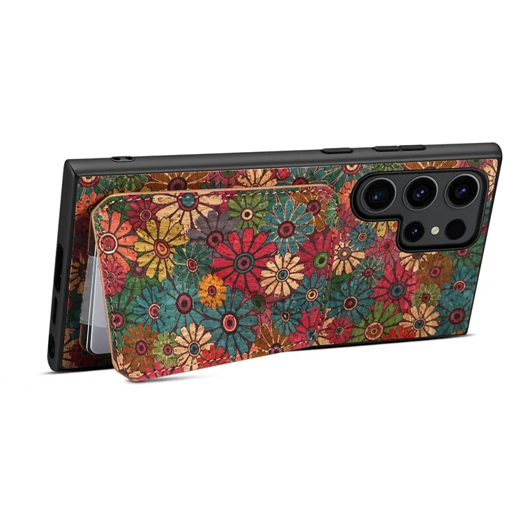 Capa para Samsung Galaxy S25 Ultra com suporte para cartão, design de flores e cobertura de telefone de couro - Primavera / Verde