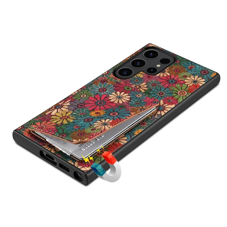 Capa para Samsung Galaxy S25 Ultra com suporte para cartão, design de flores e cobertura de telefone de couro - Primavera / Verde