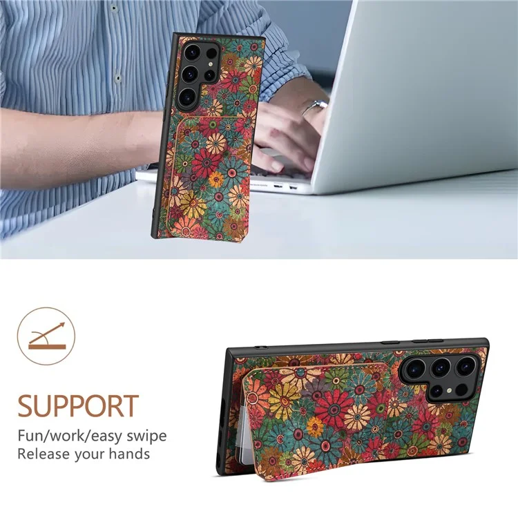Capa para Samsung Galaxy S25 Ultra com suporte para cartão, design de flores e cobertura de telefone de couro - Primavera / Verde