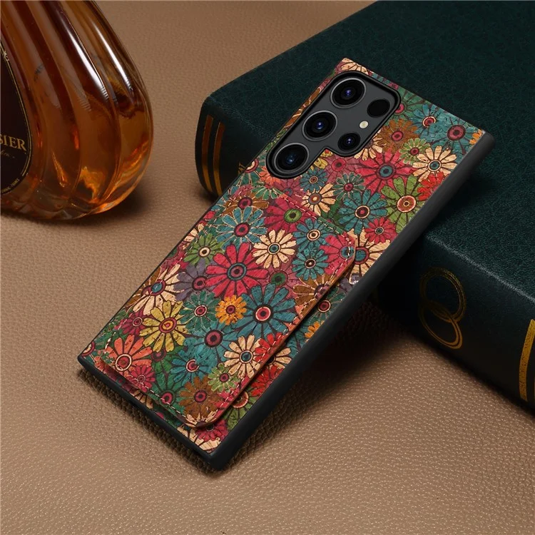 Capa para Samsung Galaxy S25 Ultra com suporte para cartão, design de flores e cobertura de telefone de couro - Primavera / Verde