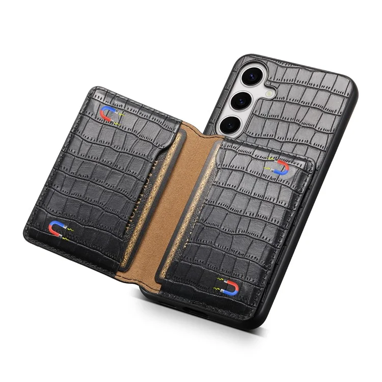 Für Samsung Galaxy S25+ Hülle Kartenfach Ständer Krokodilleder-Textur Leder Rückseite Handyhülle - Schwarz