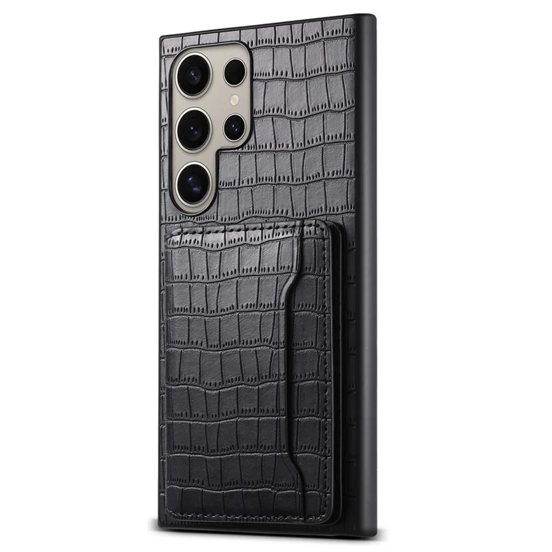 Custodia per Samsung Galaxy S25 Ultra, con porta carte e supporto, in pelle con texture coccodrillo - Nero