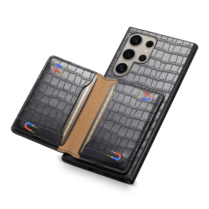 Custodia per Samsung Galaxy S25 Ultra, con porta carte e supporto, in pelle con texture coccodrillo - Nero