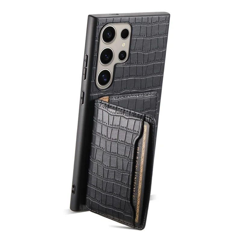 Custodia per Samsung Galaxy S25 Ultra, con porta carte e supporto, in pelle con texture coccodrillo - Nero