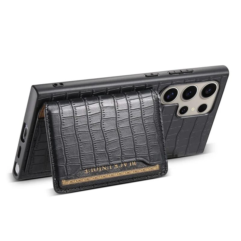 Custodia per Samsung Galaxy S25 Ultra, con porta carte e supporto, in pelle con texture coccodrillo - Nero