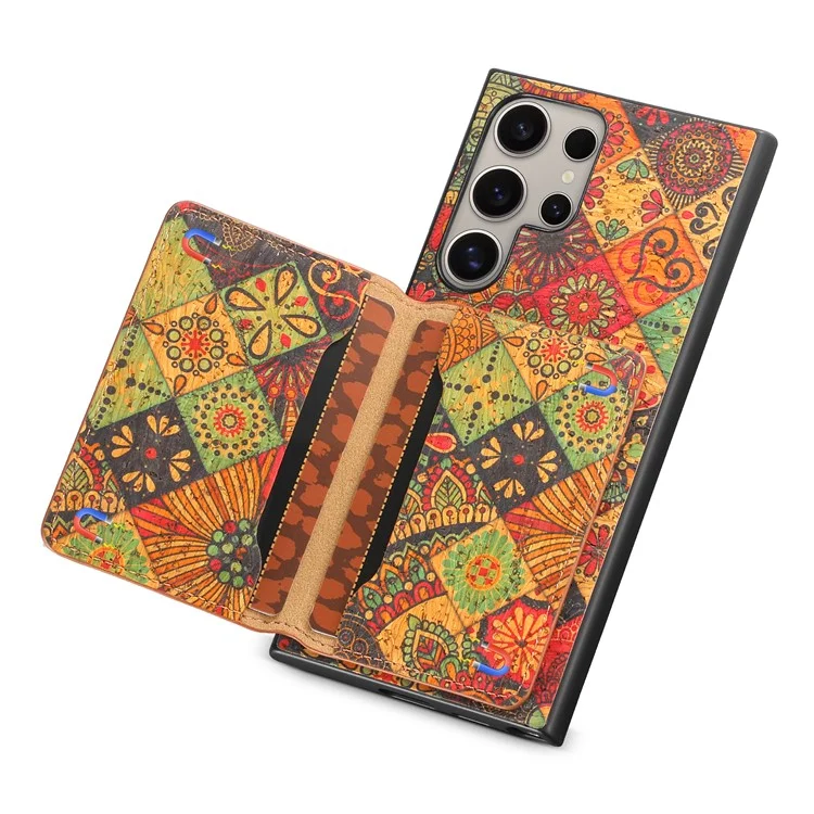 Capa para Samsung Galaxy S25 Ultra Impressão de Flor Couro + PC + Capa TPU com Suporte para Cartão e Suporte - Outono / Amarelo