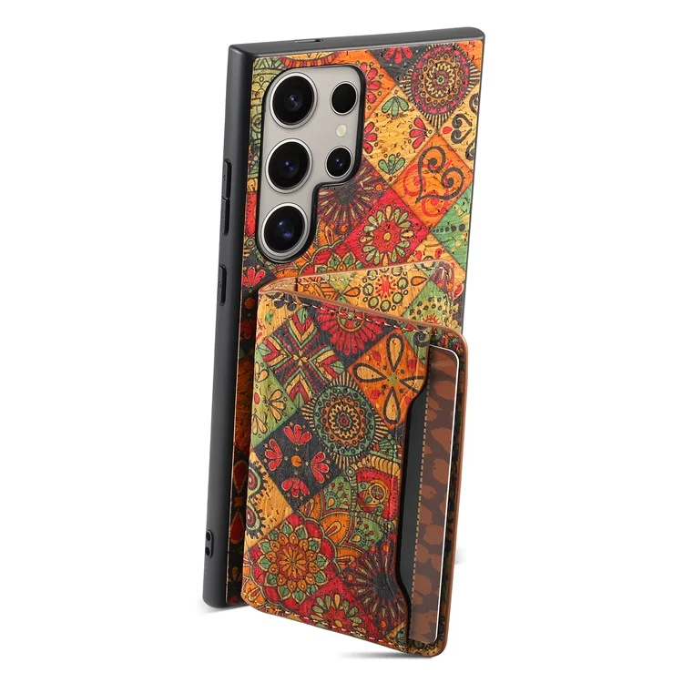 Capa para Samsung Galaxy S25 Ultra Impressão de Flor Couro + PC + Capa TPU com Suporte para Cartão e Suporte - Outono / Amarelo