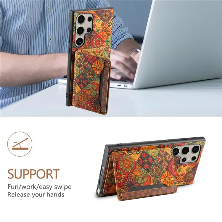 Capa para Samsung Galaxy S25 Ultra Impressão de Flor Couro + PC + Capa TPU com Suporte para Cartão e Suporte - Outono / Amarelo