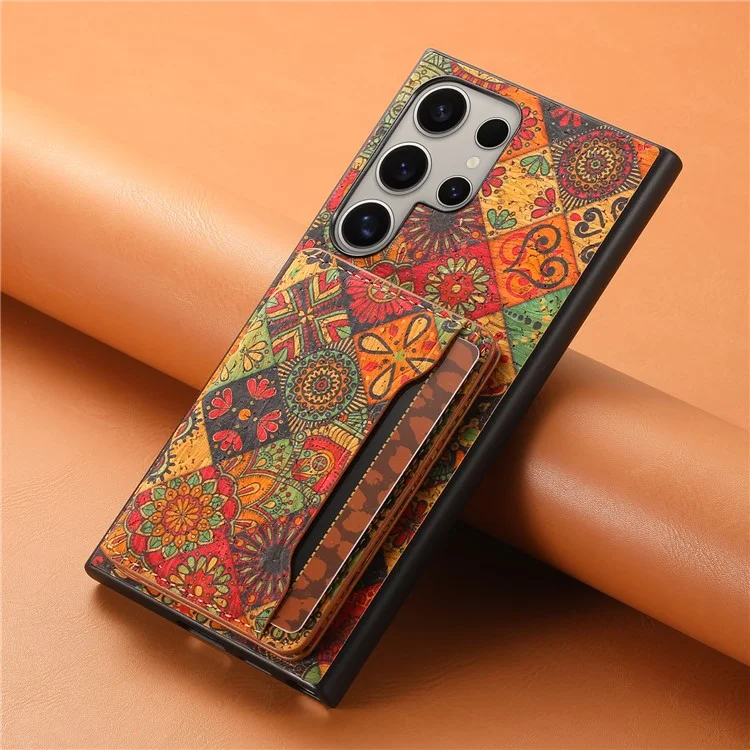 Capa para Samsung Galaxy S25 Ultra Impressão de Flor Couro + PC + Capa TPU com Suporte para Cartão e Suporte - Outono / Amarelo
