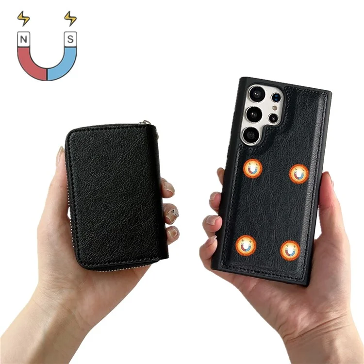 Funda para Samsung Galaxy S25 Ultra Bolsa de tarjetas con cremallera desmontable TPU con soporte y correa - Negro