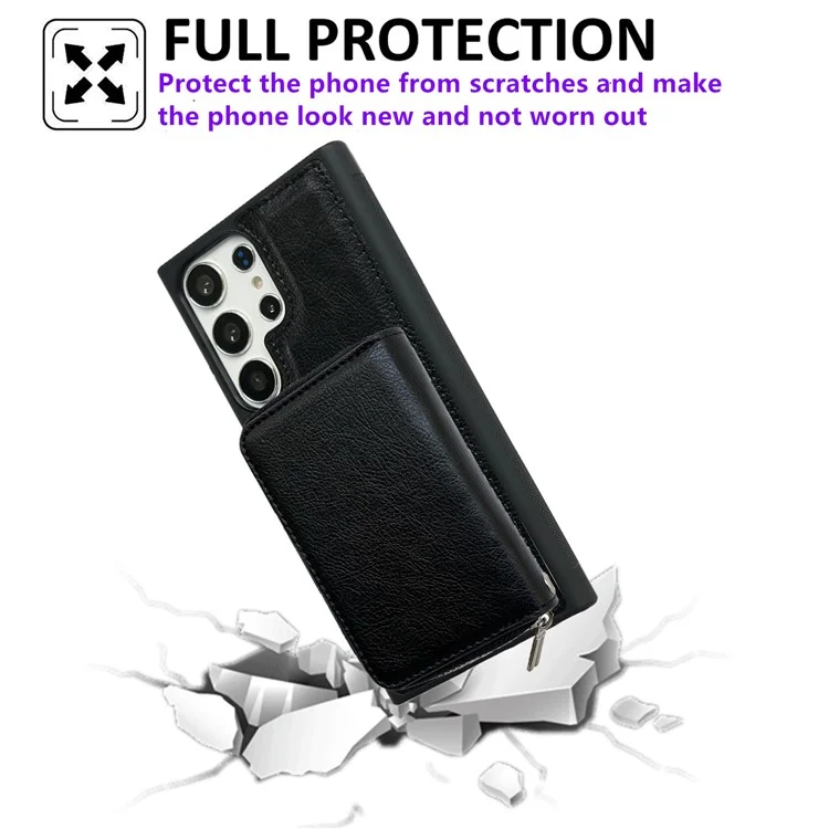 Funda para Samsung Galaxy S25 Ultra Bolsa de tarjetas con cremallera desmontable TPU con soporte y correa - Negro