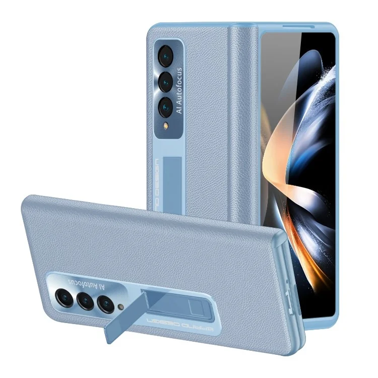 Phantom Series Phone Case For Samsung Galaxy Z Fold4 5G, PU Leather Coated PC Folding Smartphone Protective Cover Kickstand - Blue