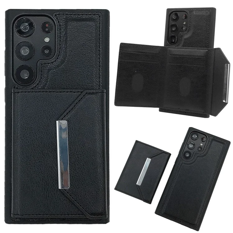 Funda para Samsung Galaxy S25 Ultra con bolsillo para tarjetas y soporte, de TPU + PU - Negro