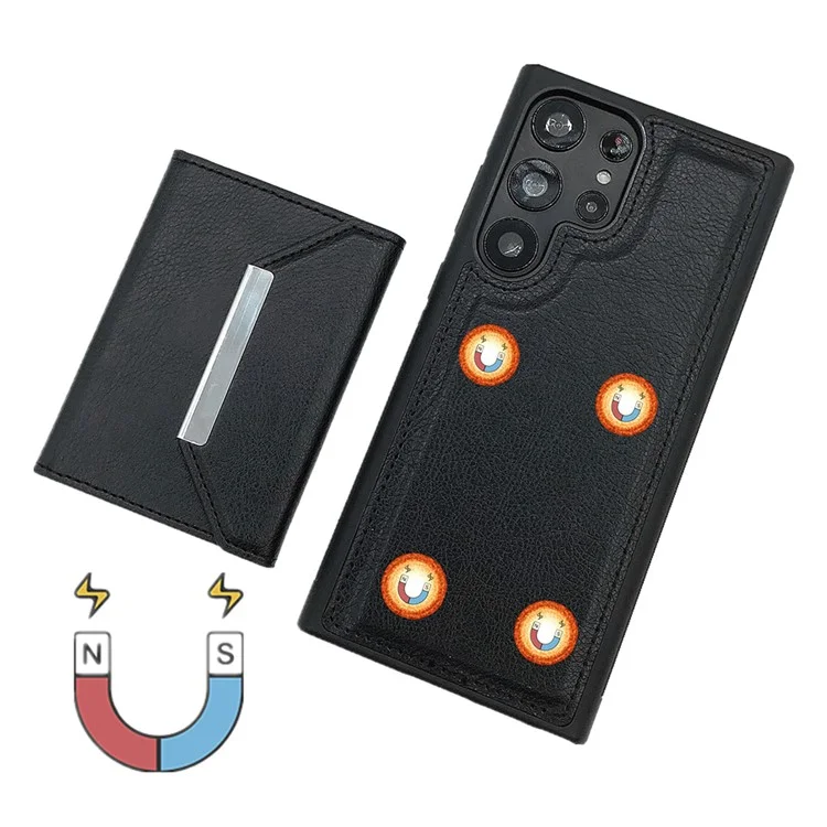 Funda para Samsung Galaxy S25 Ultra con bolsillo para tarjetas y soporte, de TPU + PU - Negro