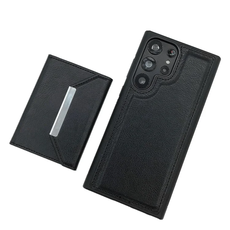 Funda para Samsung Galaxy S25 Ultra con bolsillo para tarjetas y soporte, de TPU + PU - Negro