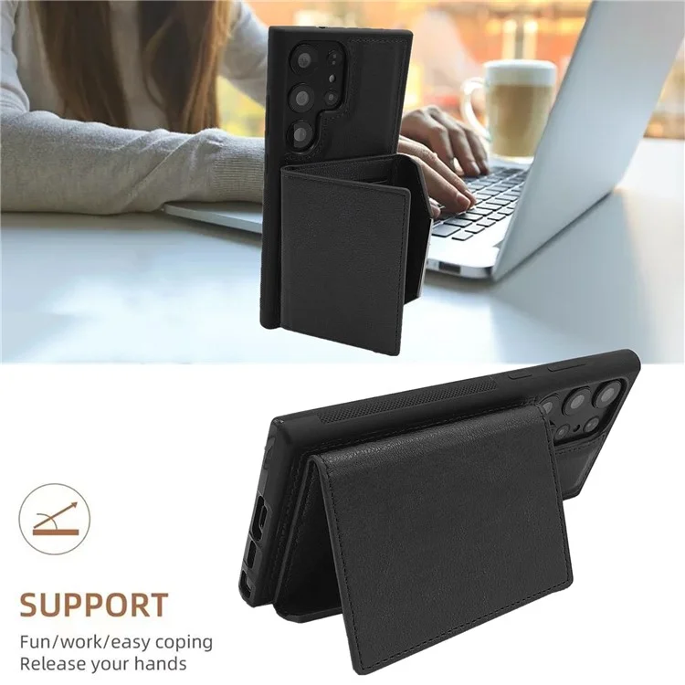 Funda para Samsung Galaxy S25 Ultra con bolsillo para tarjetas y soporte, de TPU + PU - Negro