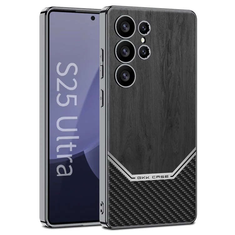 Capa para Samsung Galaxy S25 Ultra da GKK, revestimento de PC eletrolítico, TPU, couro PU, design de grão de madeira - Preto