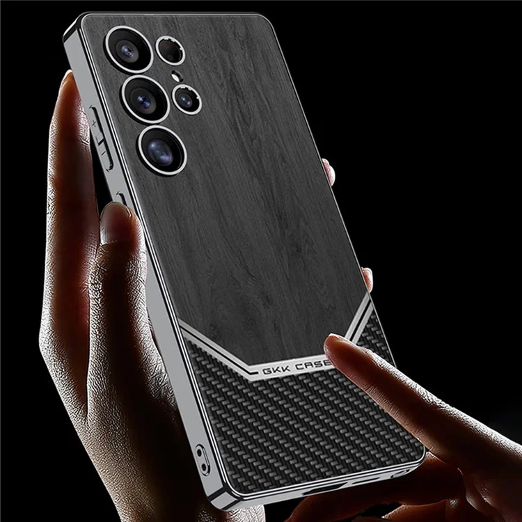 Capa para Samsung Galaxy S25 Ultra da GKK, revestimento de PC eletrolítico, TPU, couro PU, design de grão de madeira - Preto