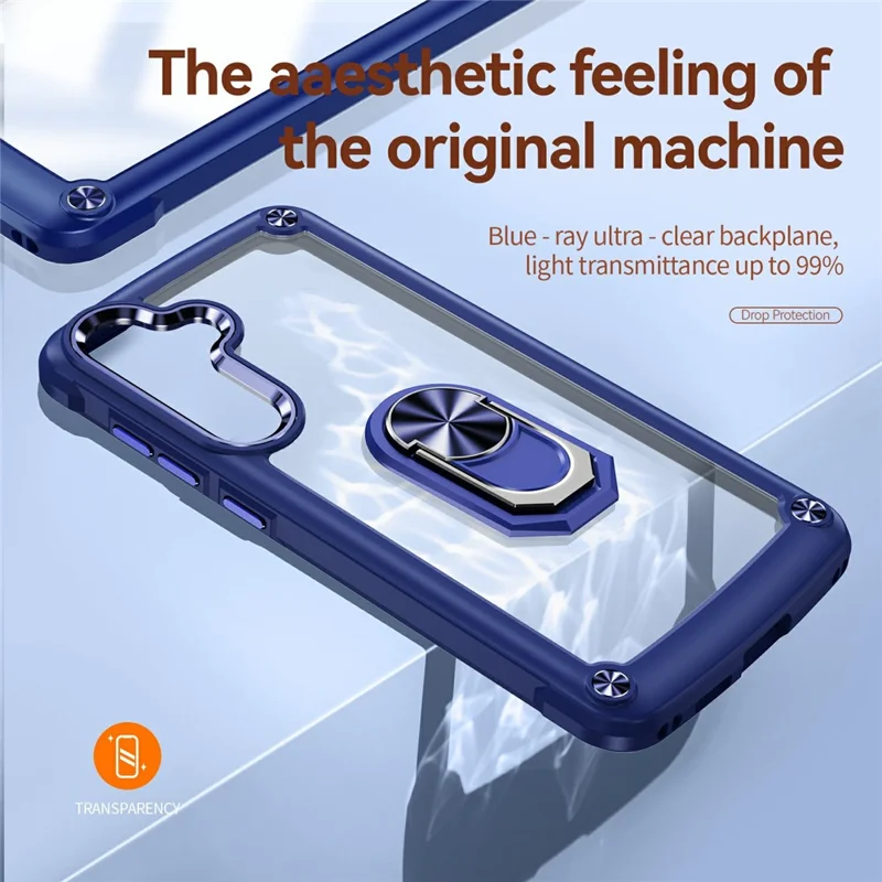 For Samsung Galaxy S24 FE Case Alloy Lens Frame PC + TPU Kickstand Phone Back Cover - Blue