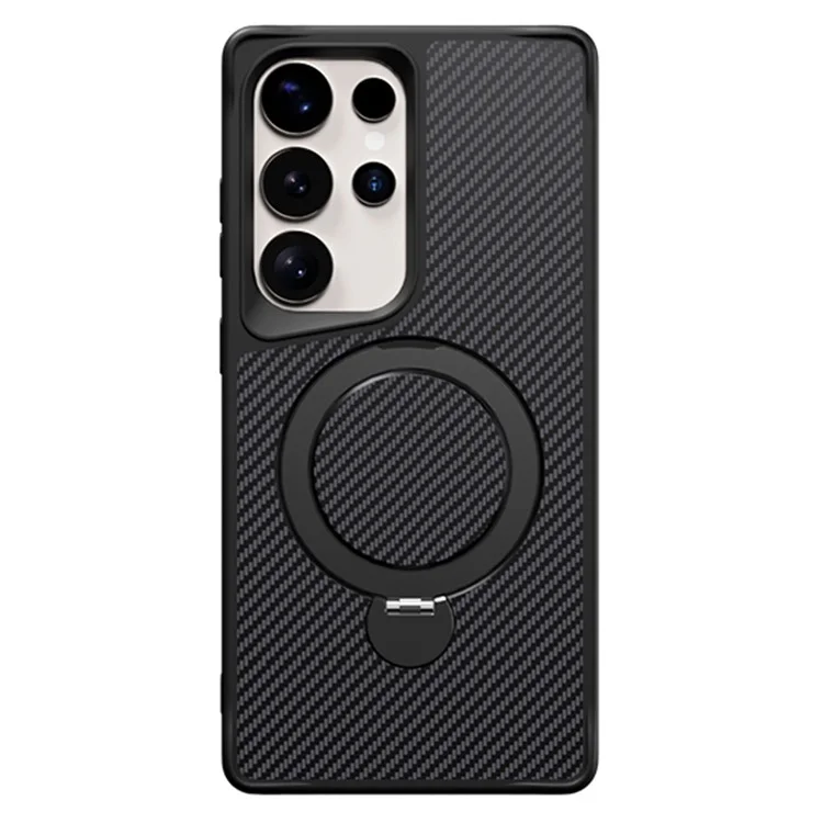 Funda para teléfono Samsung Galaxy S25 Ultra con soporte magnético, cubierta trasera de fibra de carbono de TPU + PC - Negro