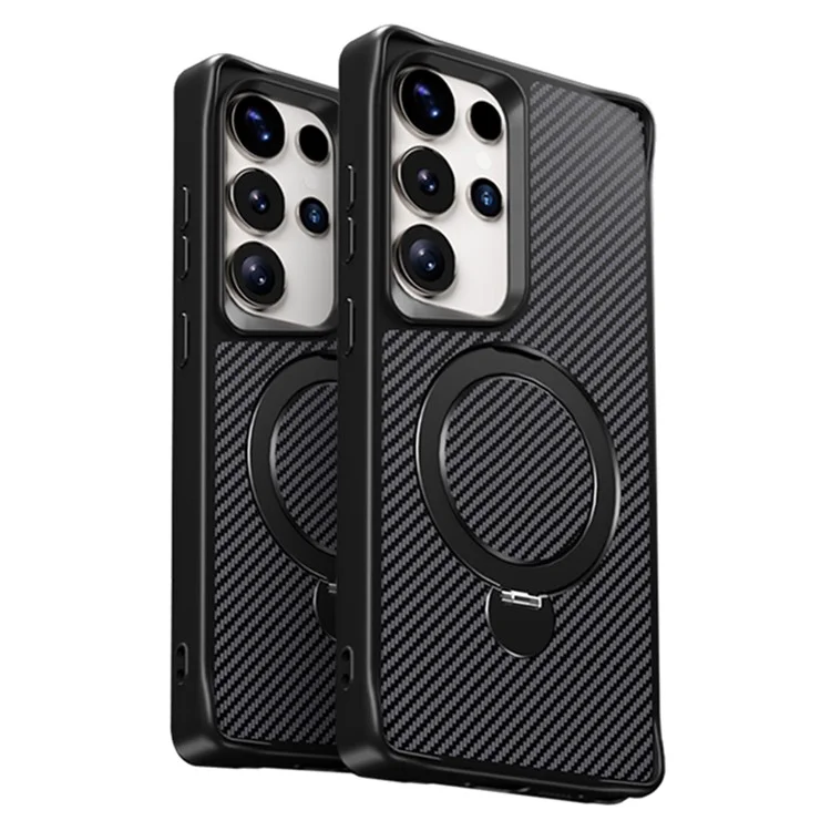 Funda para teléfono Samsung Galaxy S25 Ultra con soporte magnético, cubierta trasera de fibra de carbono de TPU + PC - Negro