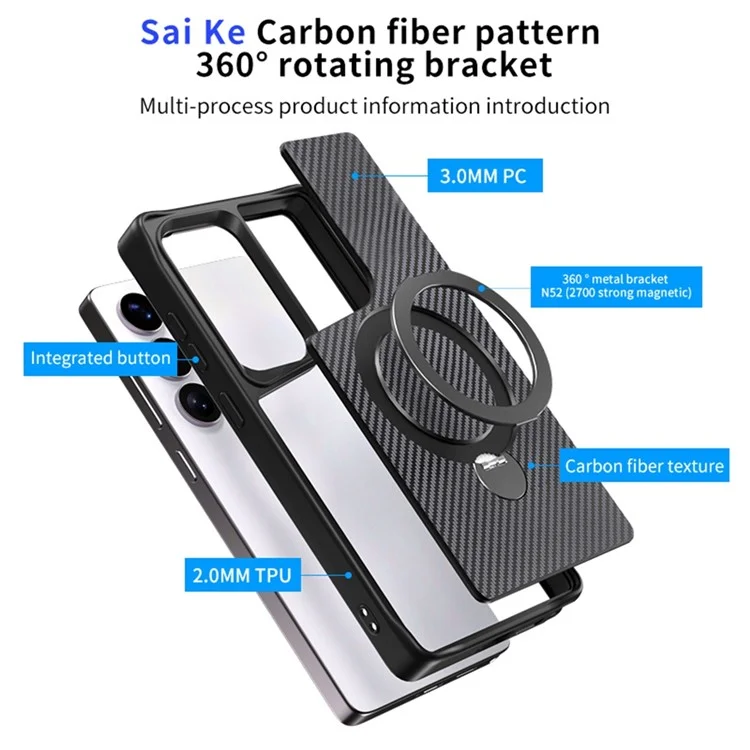 Funda para teléfono Samsung Galaxy S25 Ultra con soporte magnético, cubierta trasera de fibra de carbono de TPU + PC - Negro